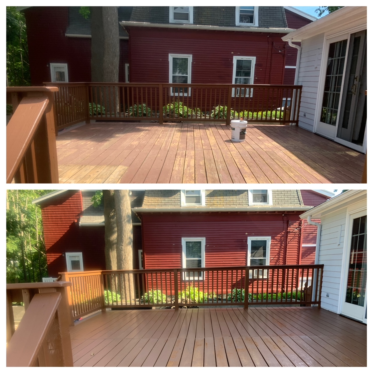 Two views of a wooden backyard deck beside a red house, with railings and potted flowers.