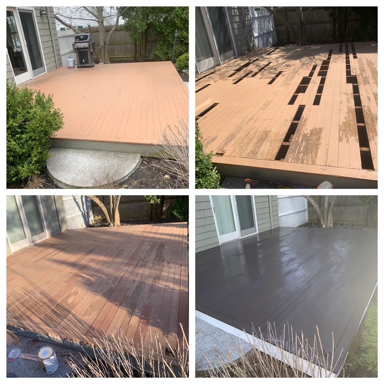 Four views of a deck being resurfaced, showing plywood, dark stain, and a finished gray surface.