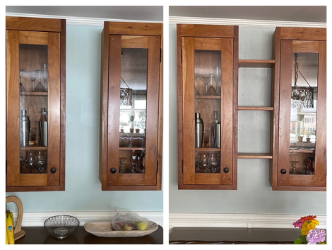 Before-and-after view of kitchen cabinets painted light blue, with wood doors separated on the left and paired on the right.