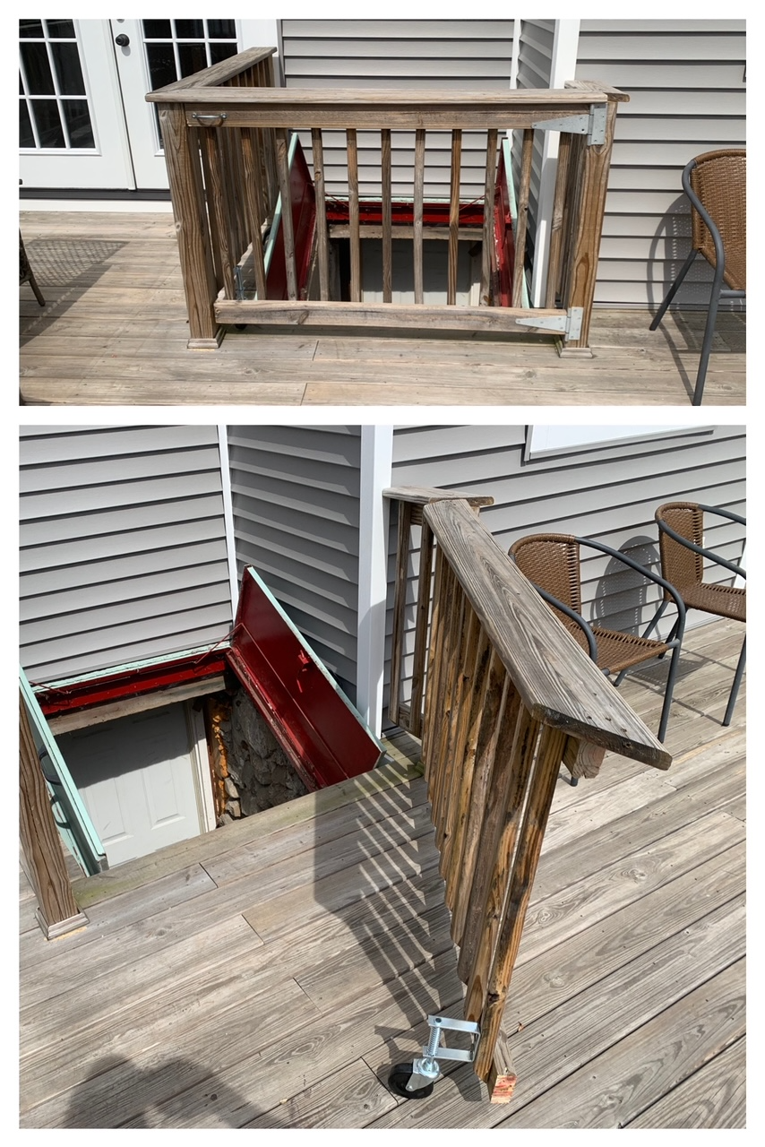 Broken wooden deck railing around an open stairwell on a house porch