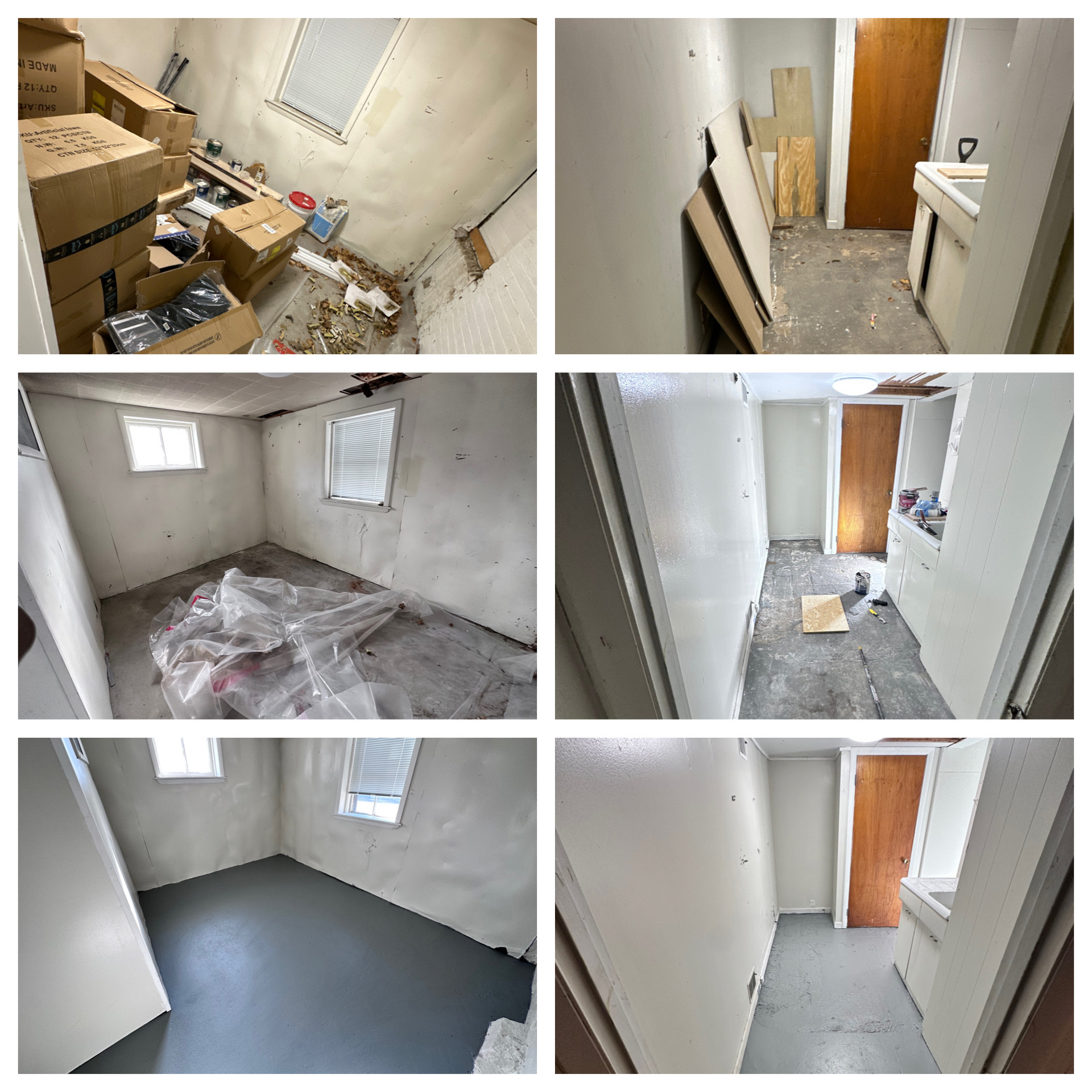 Collage of small unfinished rooms and hallway during renovation, with bare walls, scattered boxes, and debris.