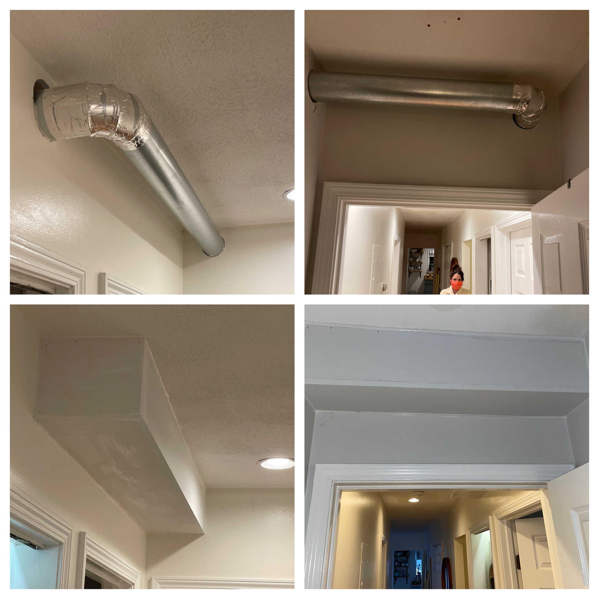 Before-and-after hallway ceiling ductwork concealed with a white boxed soffit.