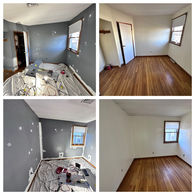Small bedroom before-and-after collage showing a gray room renovated to white walls and wood floors.