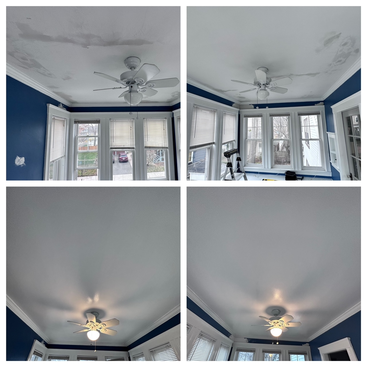 Four views of a blue-and-white room ceiling with a fan, light, and windows below.