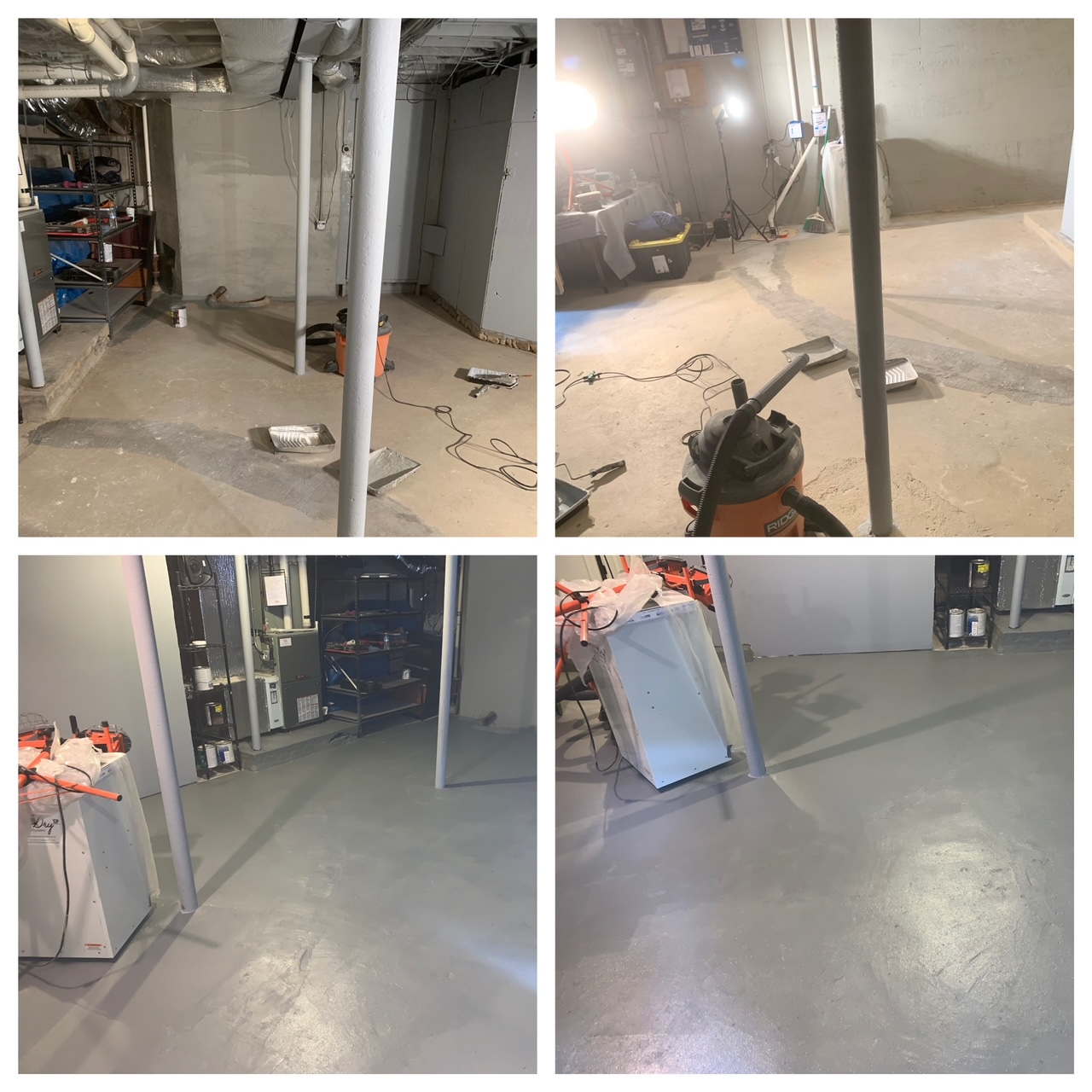 Basement utility area with exposed pipes, tools, and concrete floor, shown in four construction views
