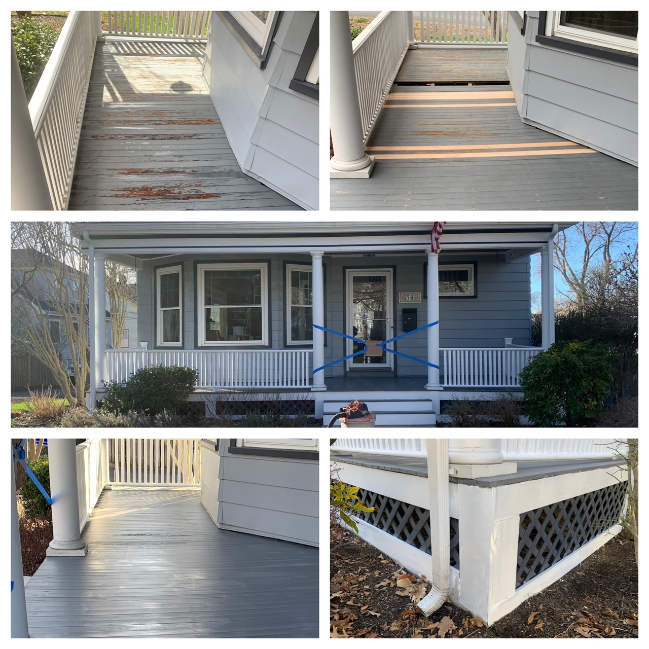 House porch collage showing weathered gray painted steps, porch, railing, and skirting in daylight