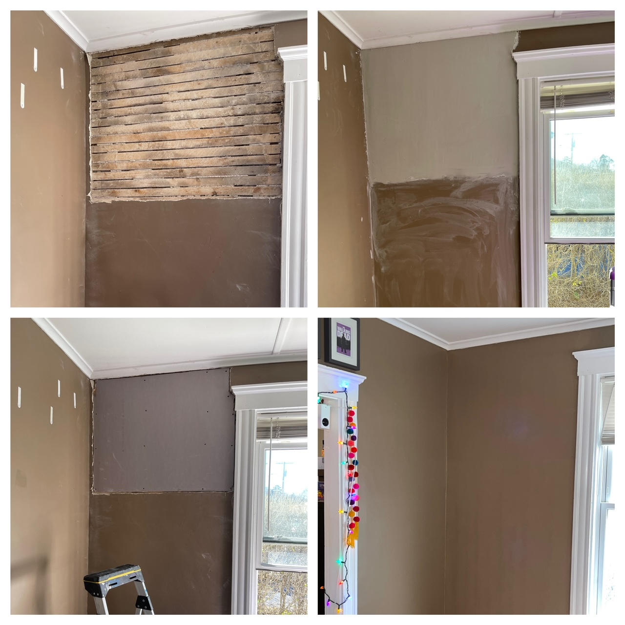 Four-panel collage of a room wall being repaired and painted in beige and brown.