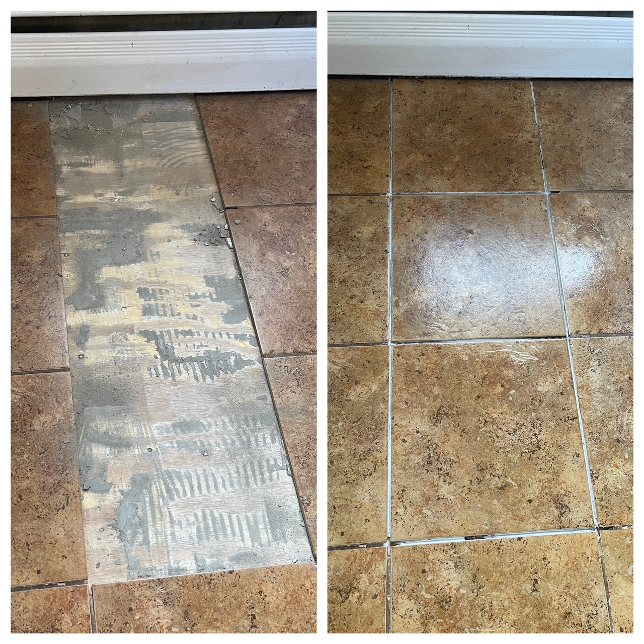 Two-floor close-up: worn subfloor on left, tan tile with grout lines on right.