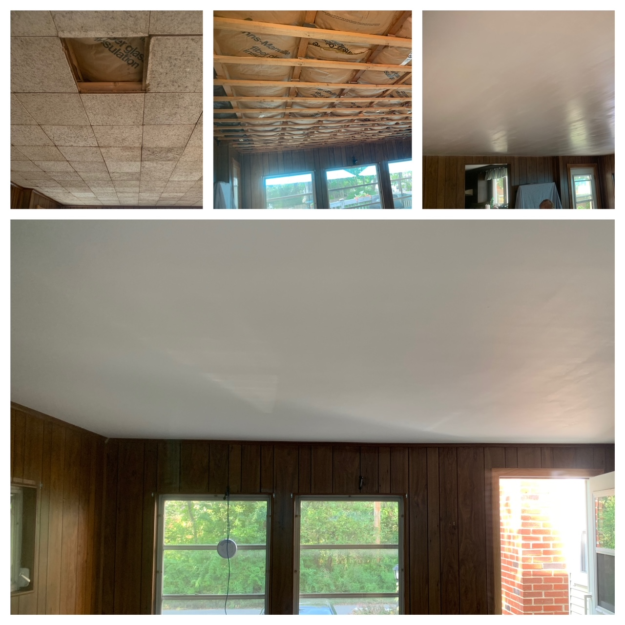 Ceiling repair collage showing a damaged panel, exposed rafters, and a smooth finished ceiling over a room.