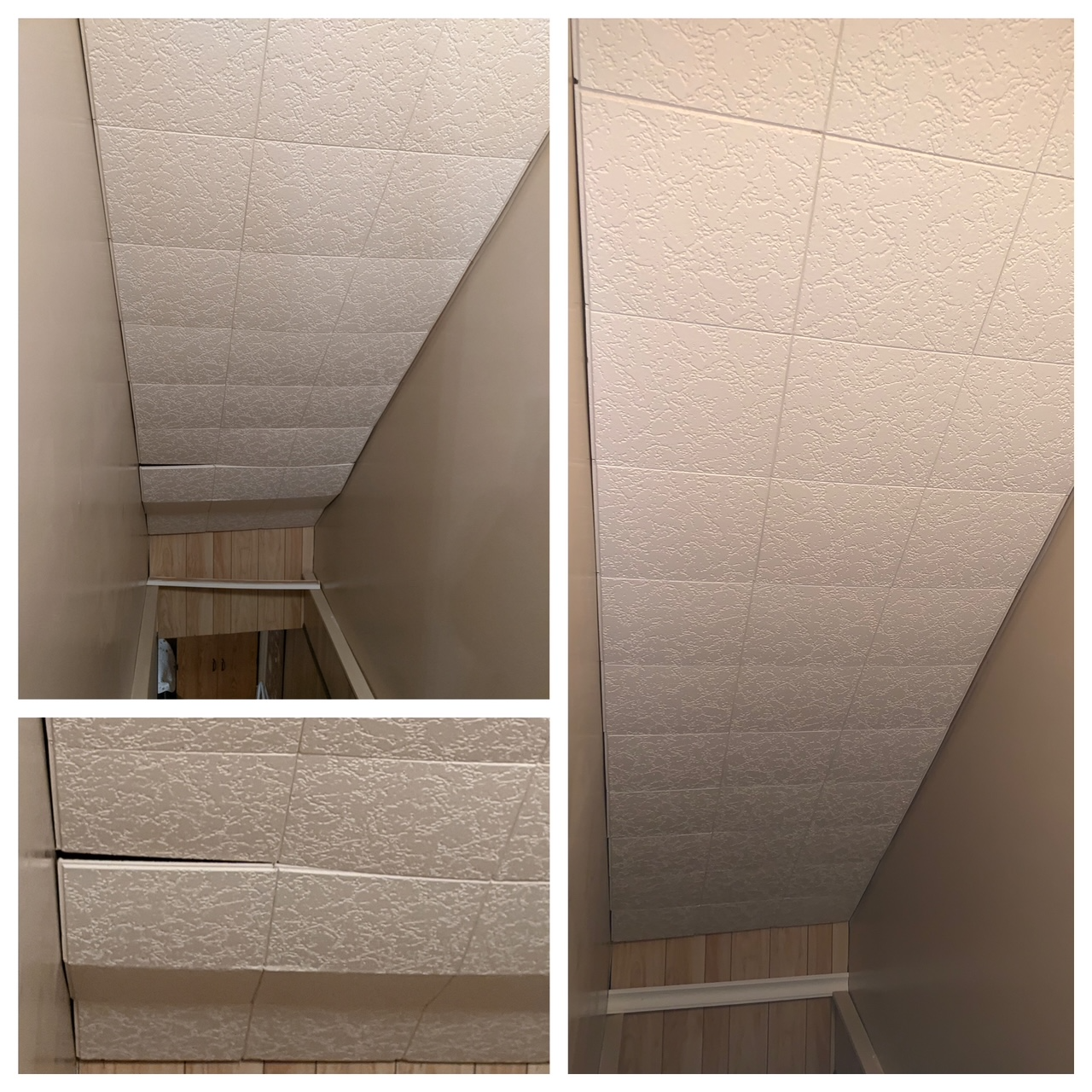 Collage of a beige drop ceiling with long seams and sagging panels in a hallway.