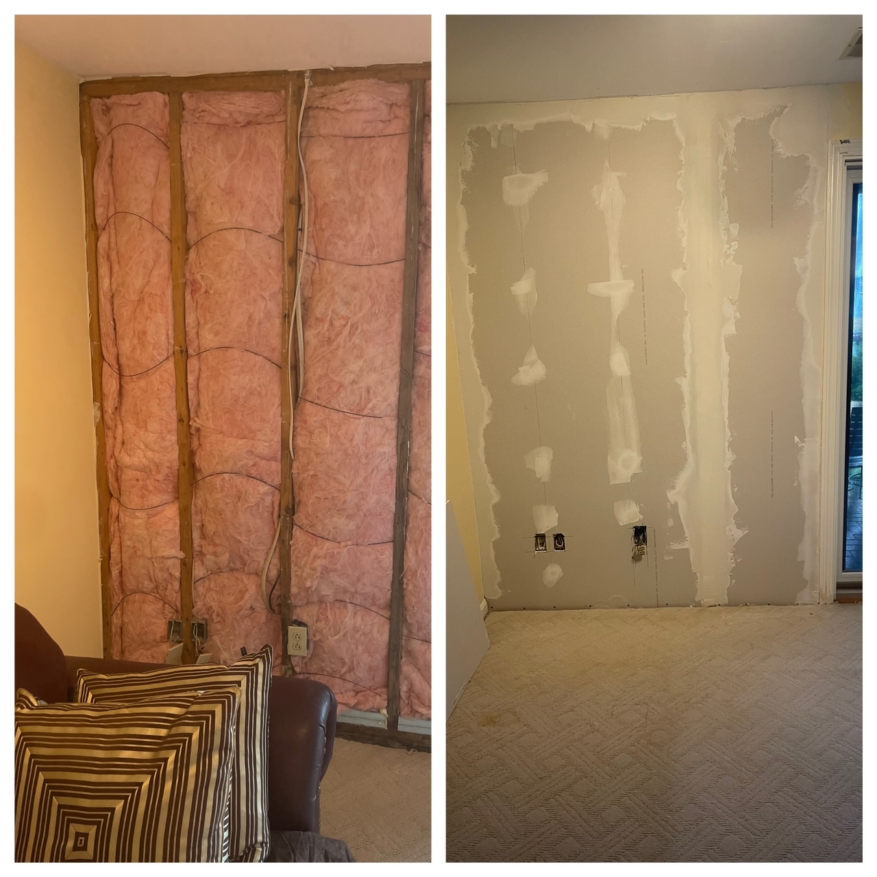 Before-and-after wall insulation: pink foam and framing on the left, patched drywall on the right.