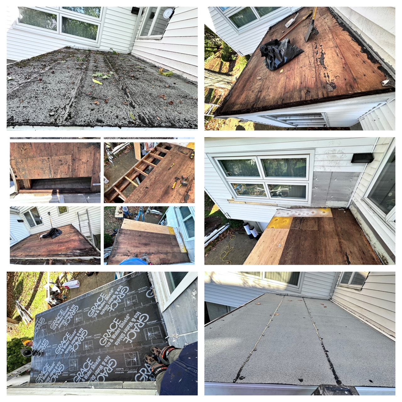 Collage of roof repair photos showing damaged shingles, exposed underlayment, and a roof-to-wall leak area