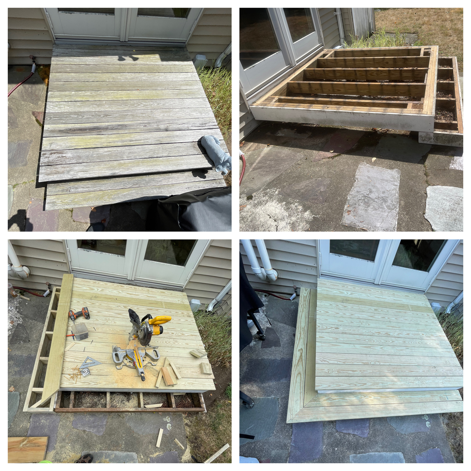 Wooden porch ramp rebuilt in stages, showing old boards removed and new deck boards installed.