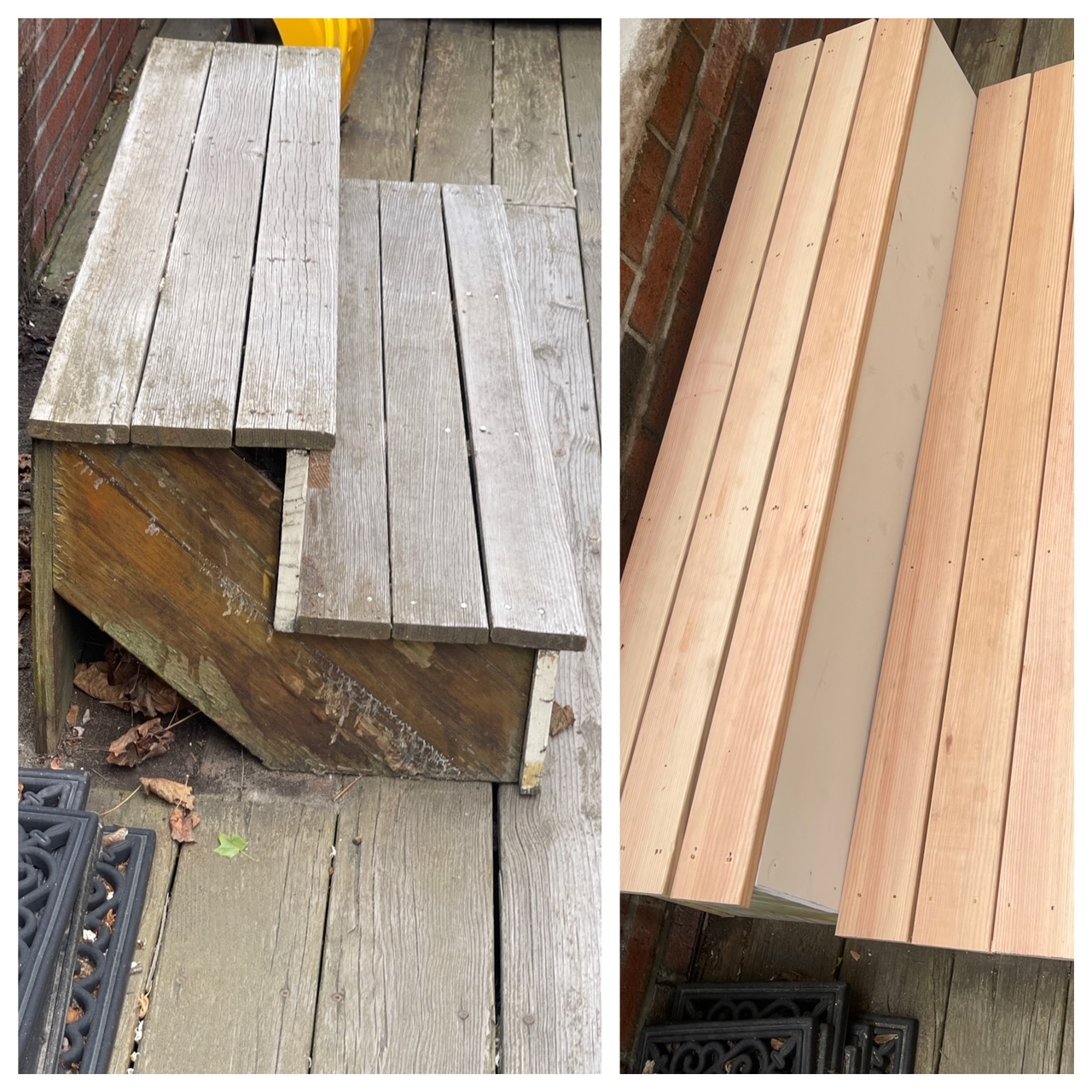 Weathered and fresh wood planks stacked on a deck, showing a before-and-after contrast.