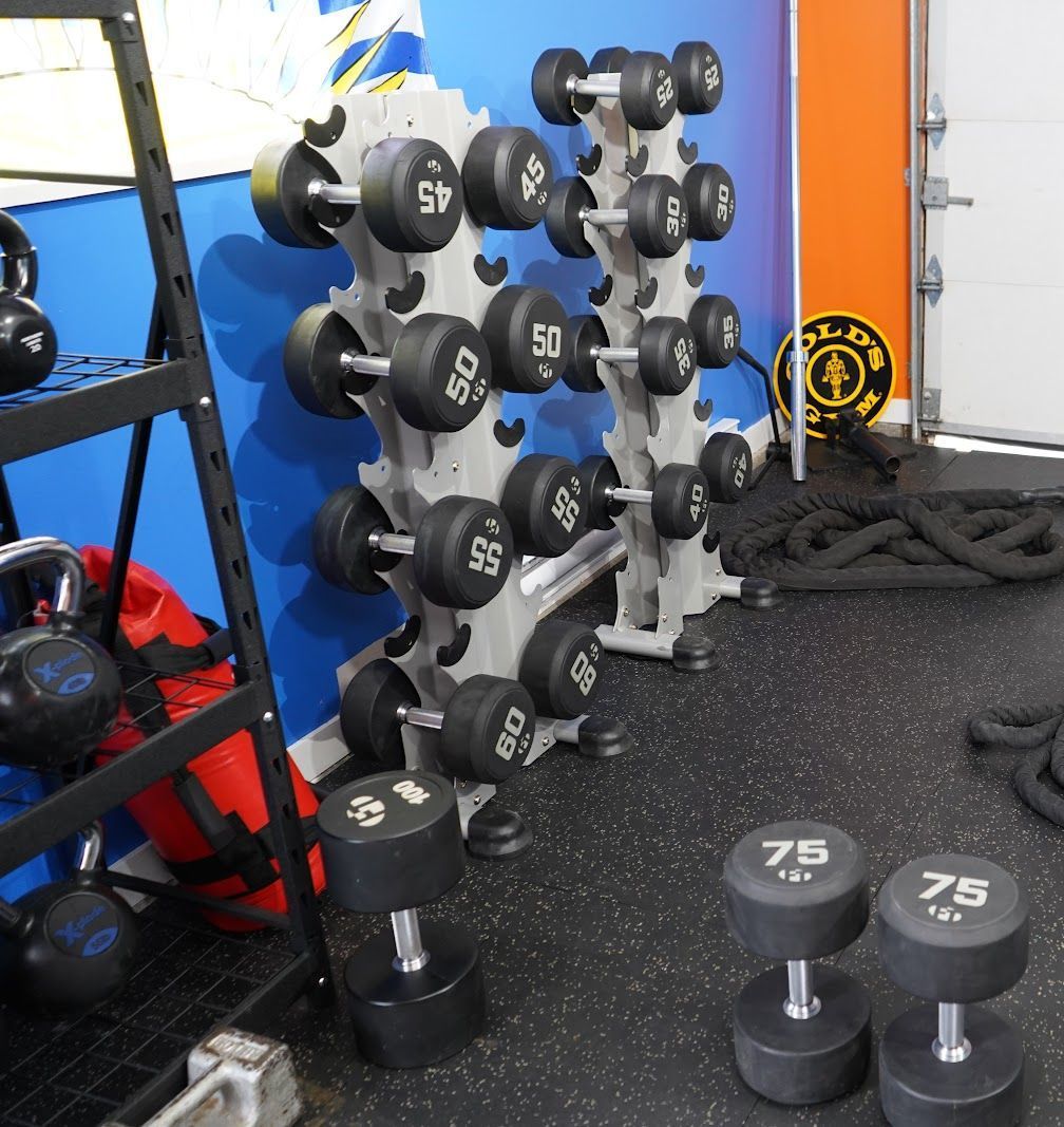 A bunch of dumbbells with the number 75 on them