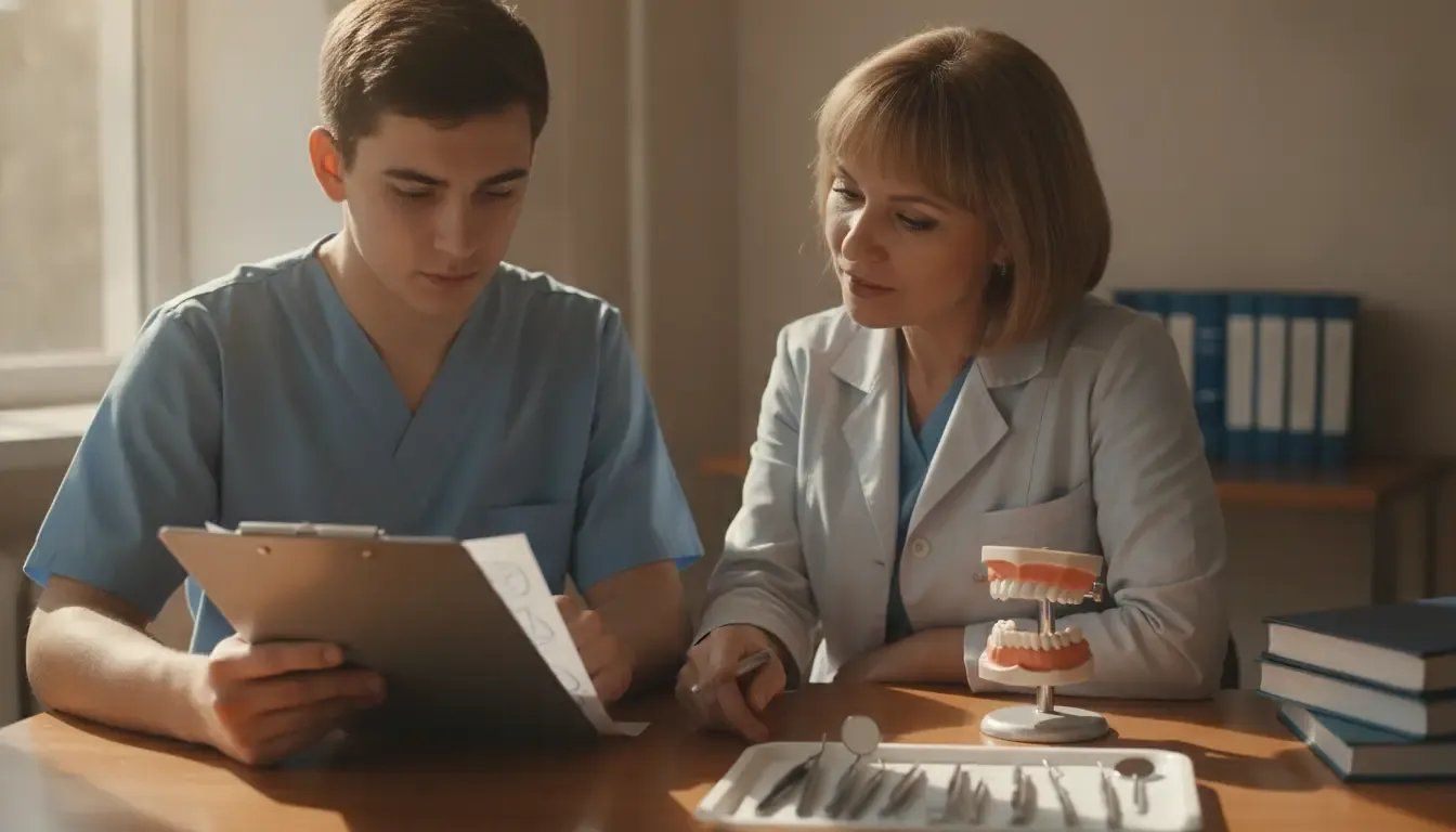A dental assisting student reviews interview notes with a mentor in a training room