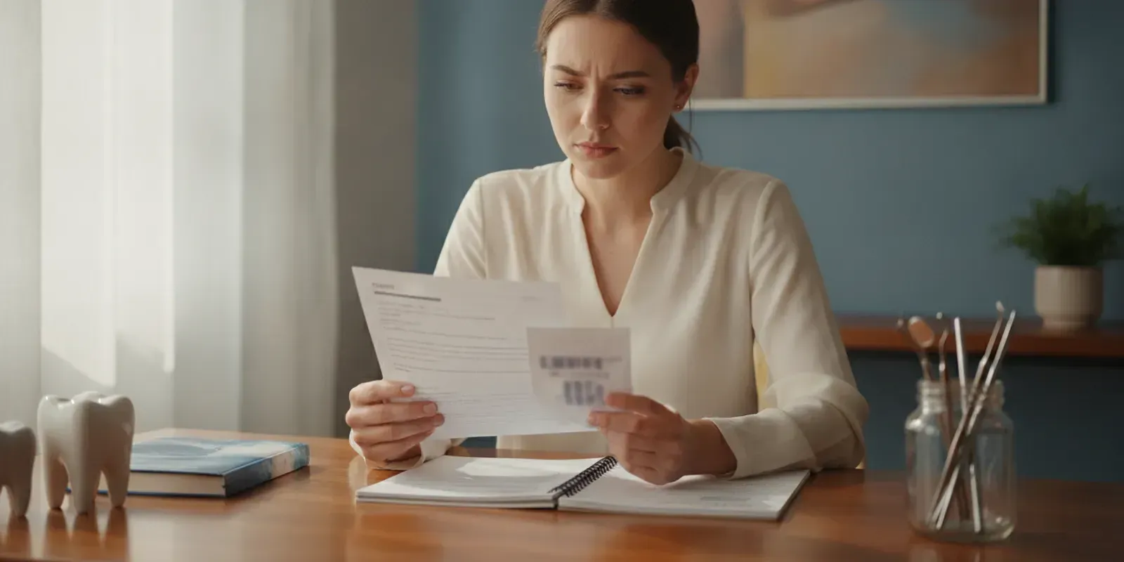 Dental assistant reviewing a resume and training notes at a desk