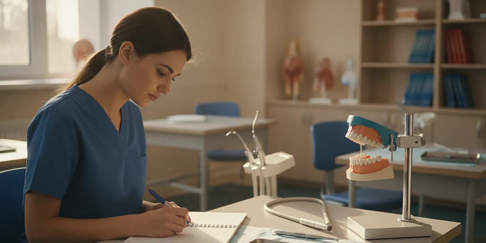 Dental assisting student reviewing course materials beside practice equipment