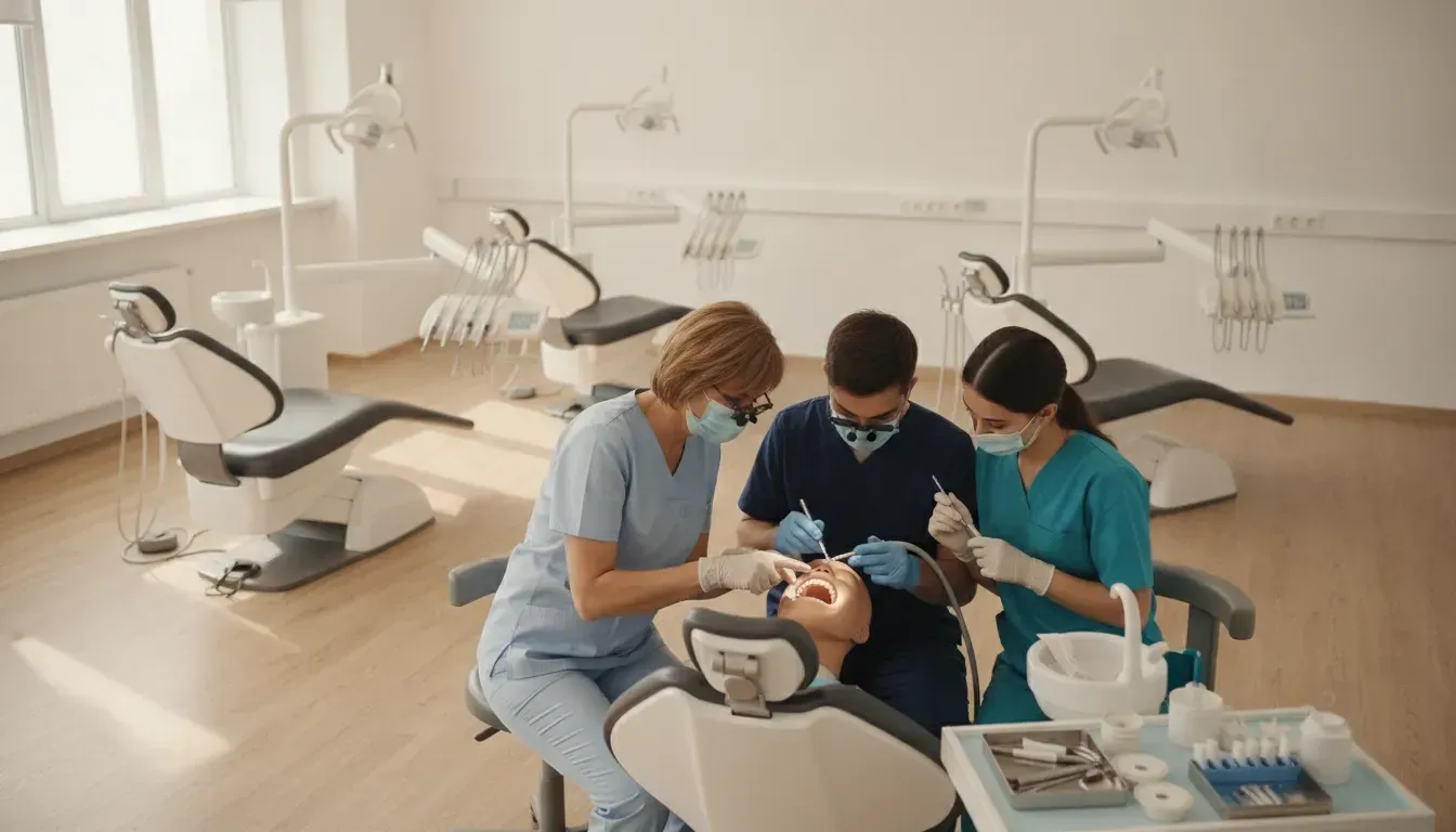 Instructor and two students in scrubs practice chairside skills on a dental training mannequin