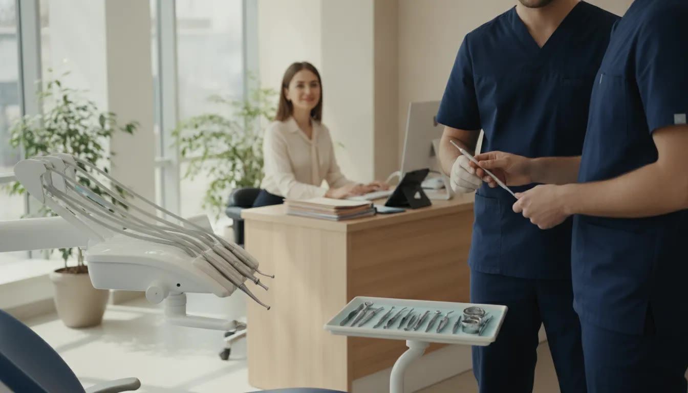 Dental assistant in navy scrubs handing an instrument chairside while a medical office assistant wor