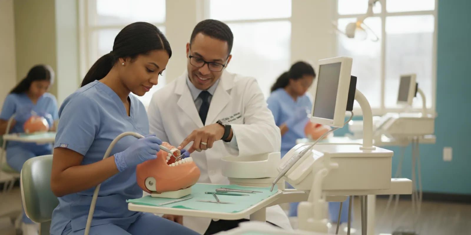 Dental assistant practicing a procedure at a training station beside an instructor