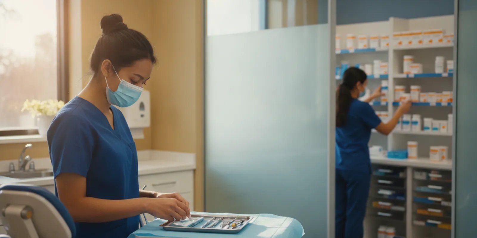 Dental assistant preparing a treatment room beside pharmacy workstations