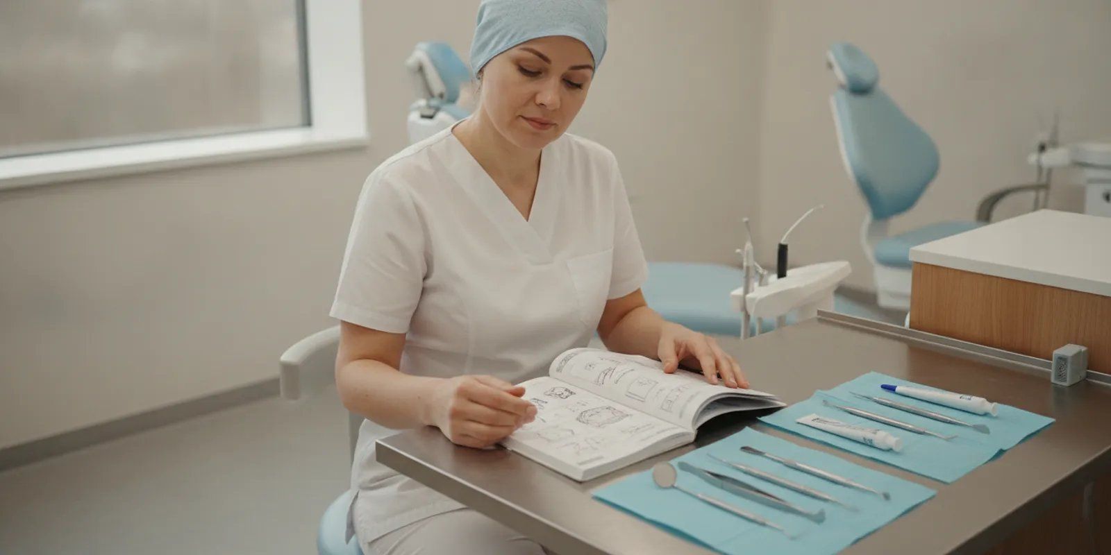 Dental assistant student reviewing notes beside instruments in a bright training space