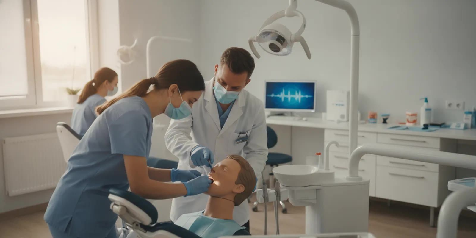 Dental assistant practicing X-ray positioning on a training mannequin