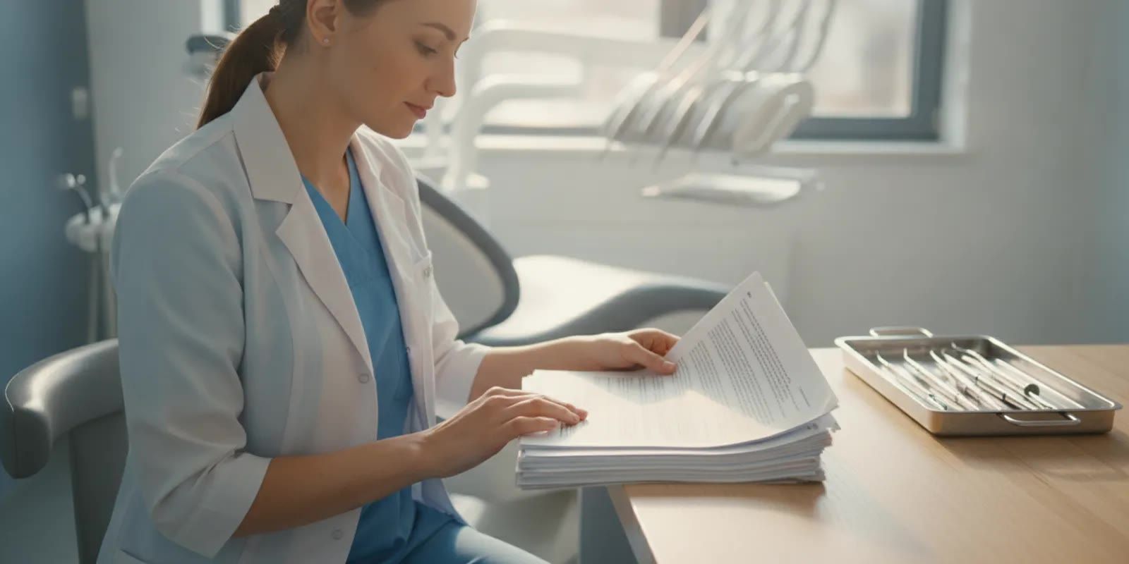 Dental assistant reviewing a wage report at a desk in a dental office