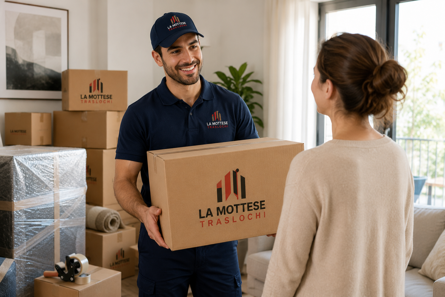 Operai con una scatola in mano sorride a una cliente