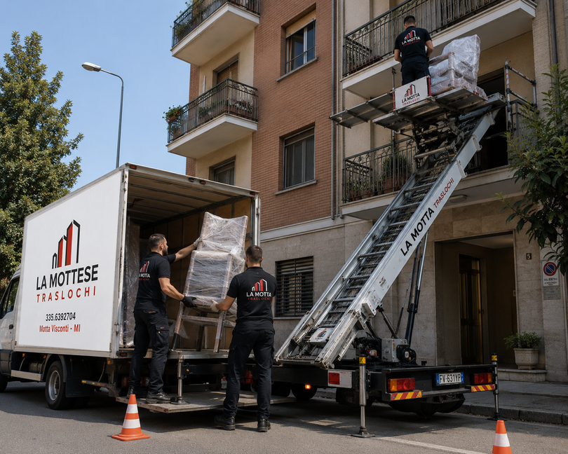 Operai caricano mobili su una piattaforma
