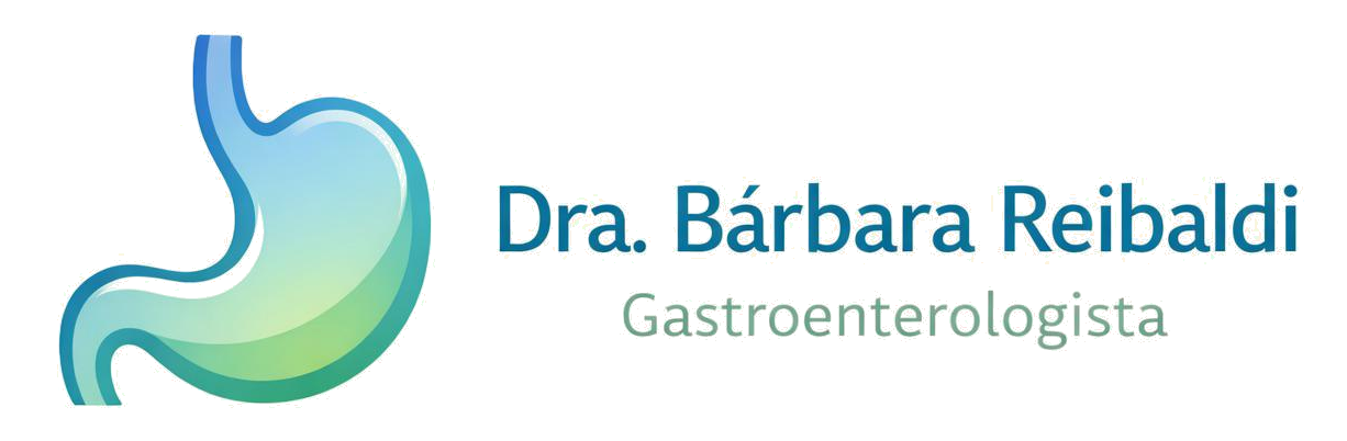Logotipo da Dra. Bárbara Reibaldi, gastroenterologista. Apresenta um estômago estilizado em azul e verde.