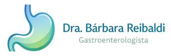 Logotipo da Dra. Bárbara Reibaldi, gastroenterologista, apresentando um estômago estilizado em tons de azul e verde.