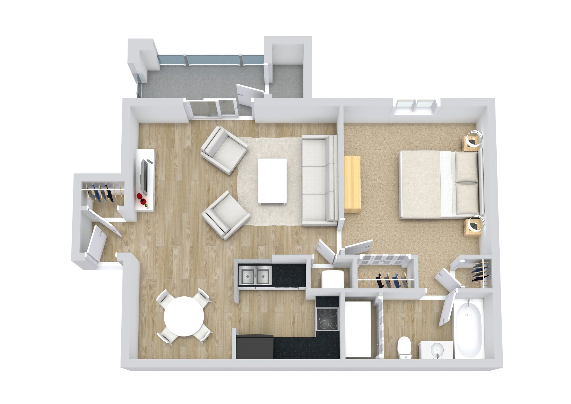 Floor plan of a one-bedroom apartment with living room, kitchen, and bathroom.