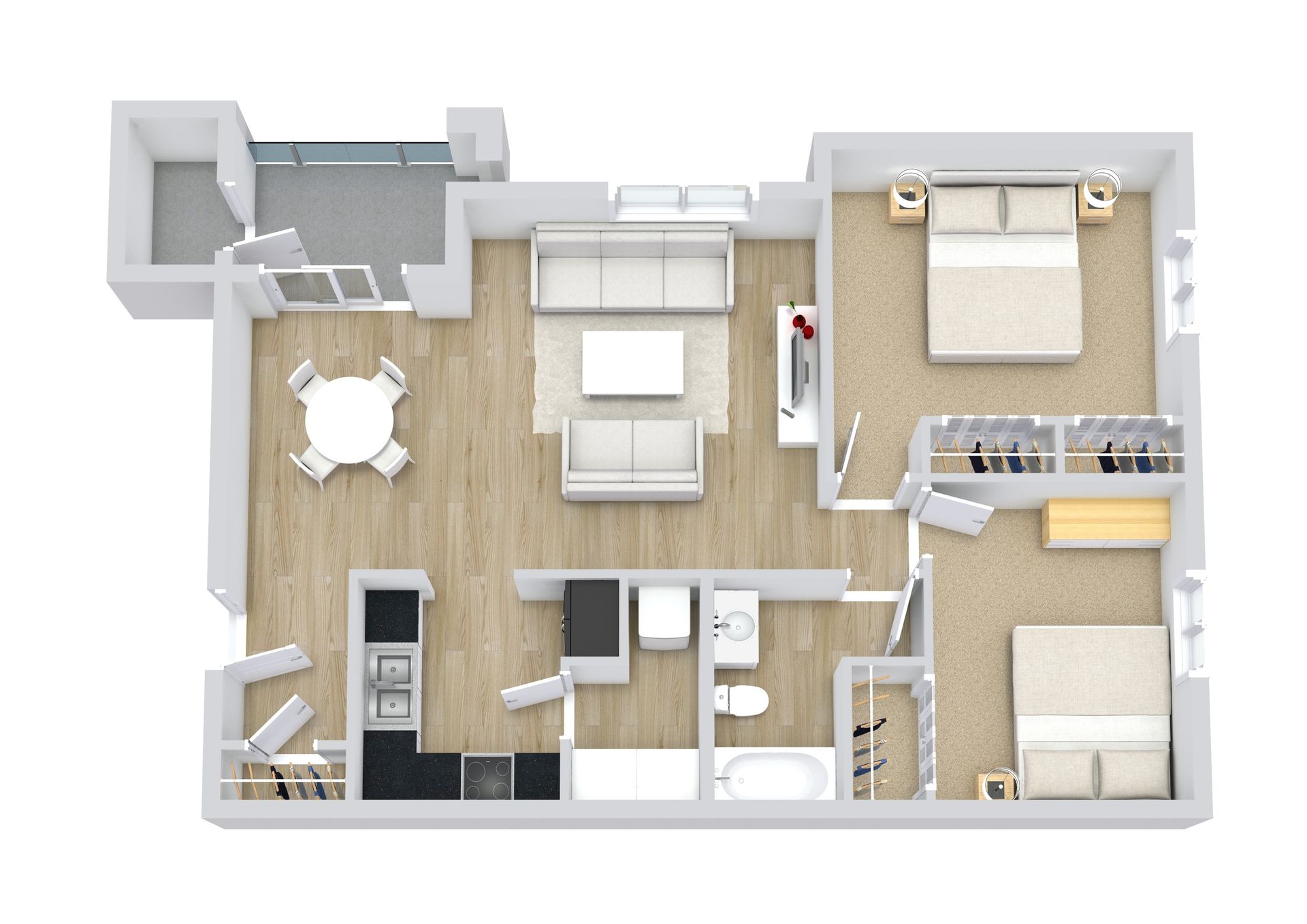 Floor plan of a two-bedroom apartment. Includes living room, dining area, kitchen, two bedrooms, and a balcony.