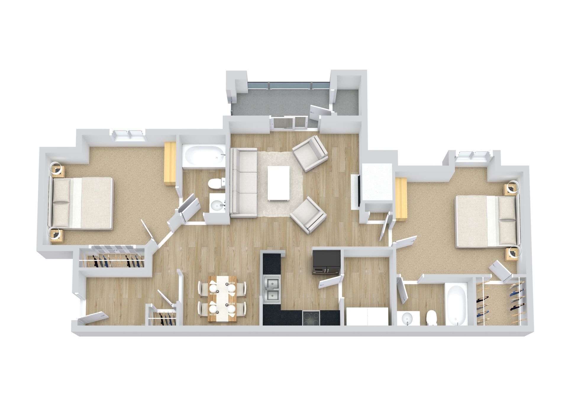 Floor plan of a two-bedroom apartment, with furniture, featuring a kitchen, living room, and bathrooms.