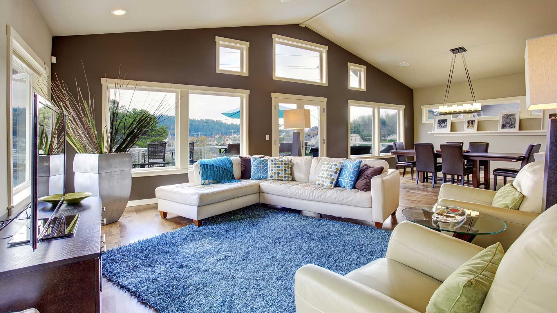 A living room filled with furniture and a blue rug.