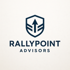 A logo for RallyPoint Advisors featuring a dark blue shield icon with an upward-pointing arrow and two horizontal stripes.