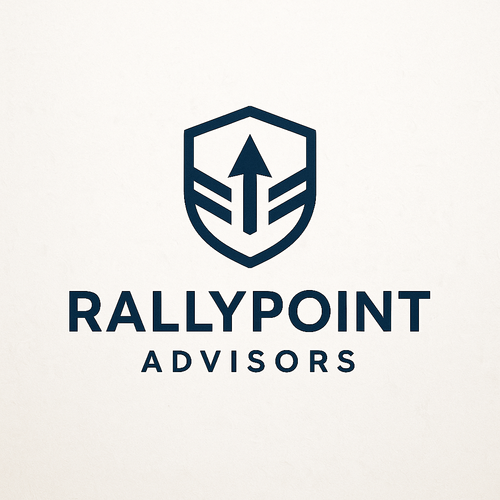 A logo for RallyPoint Advisors featuring a dark blue shield icon with an upward-pointing arrow and two horizontal stripes.