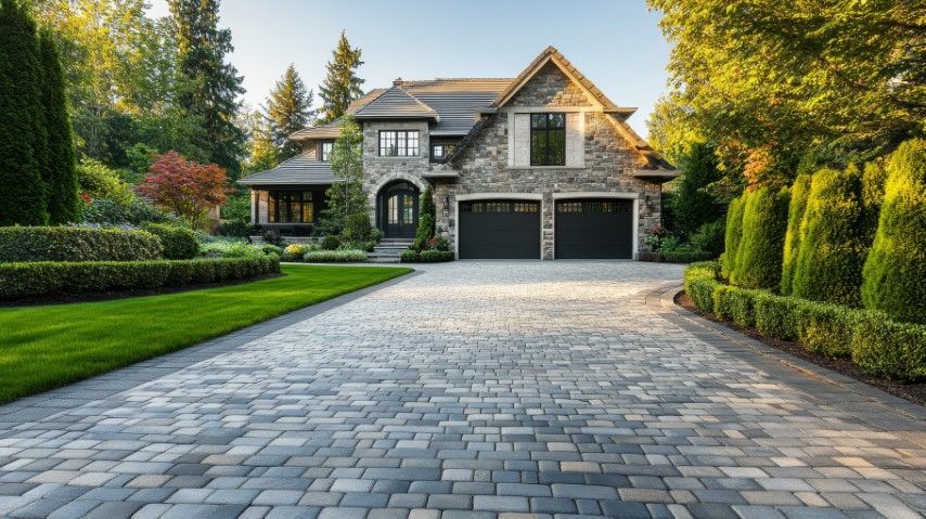 A two-story stone house with a multi-car garage and a paved driveway, surrounded by lush green trees and a manicured lawn.