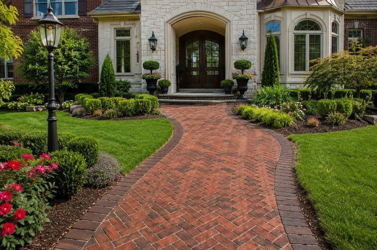 A sunlit front garden features vibrant orange, pink, and purple flowers in raised stone beds leading to brick houses.