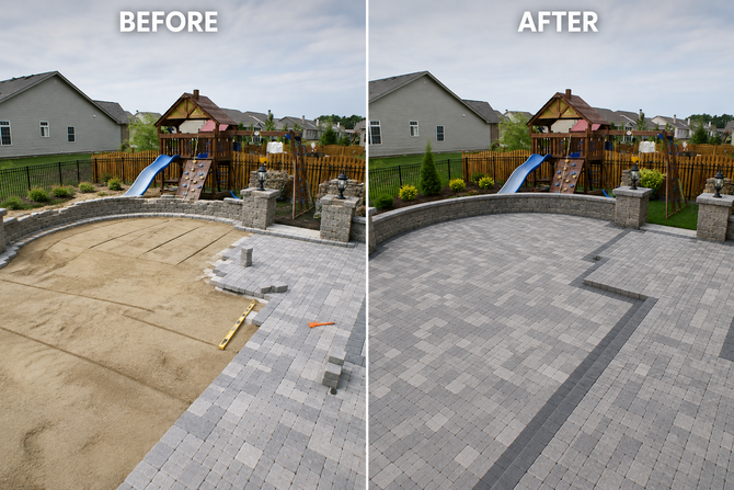 A backyard patio under construction, showing a leveled sand base, a stone seating wall, and partially laid gray pavers.