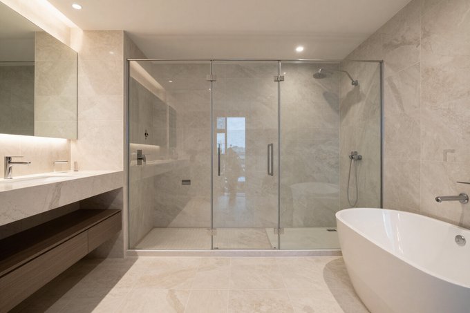 Bagno moderno beige con doccia in vetro, mobile lavabo sospeso e vasca freestanding