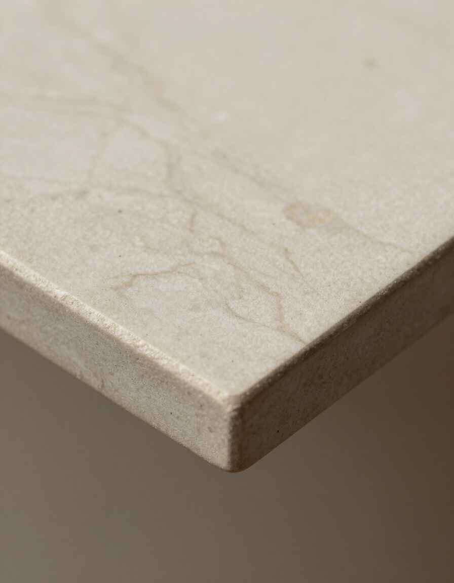 Angolo di un piano di lavoro in pietra beige con bordo smussato liscio, su uno sfondo neutro