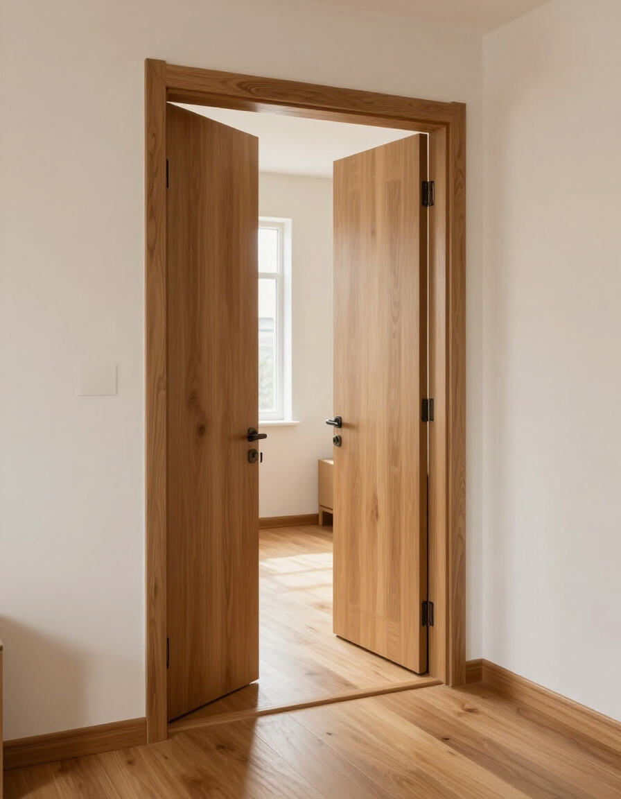 Vano in legno aperto tra due stanze vuote, con pavimenti in legno chiaro e pareti bianche.