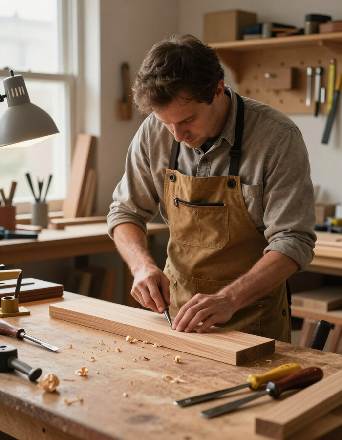 Falegname con il grembiule che pialla una tavola di legno su un banco da lavoro, in un laboratorio inondato di sole.