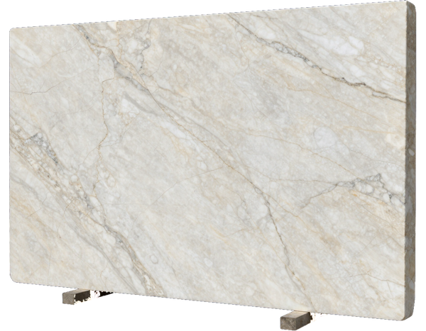Lastra rettangolare in marmo bianco su supporti metallici, con venature grigio chiaro e superficie lucida