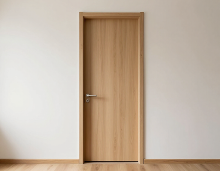 Porta di legno chiusa in una stanza bianca spoglia con un pavimento in legno chiaro.
