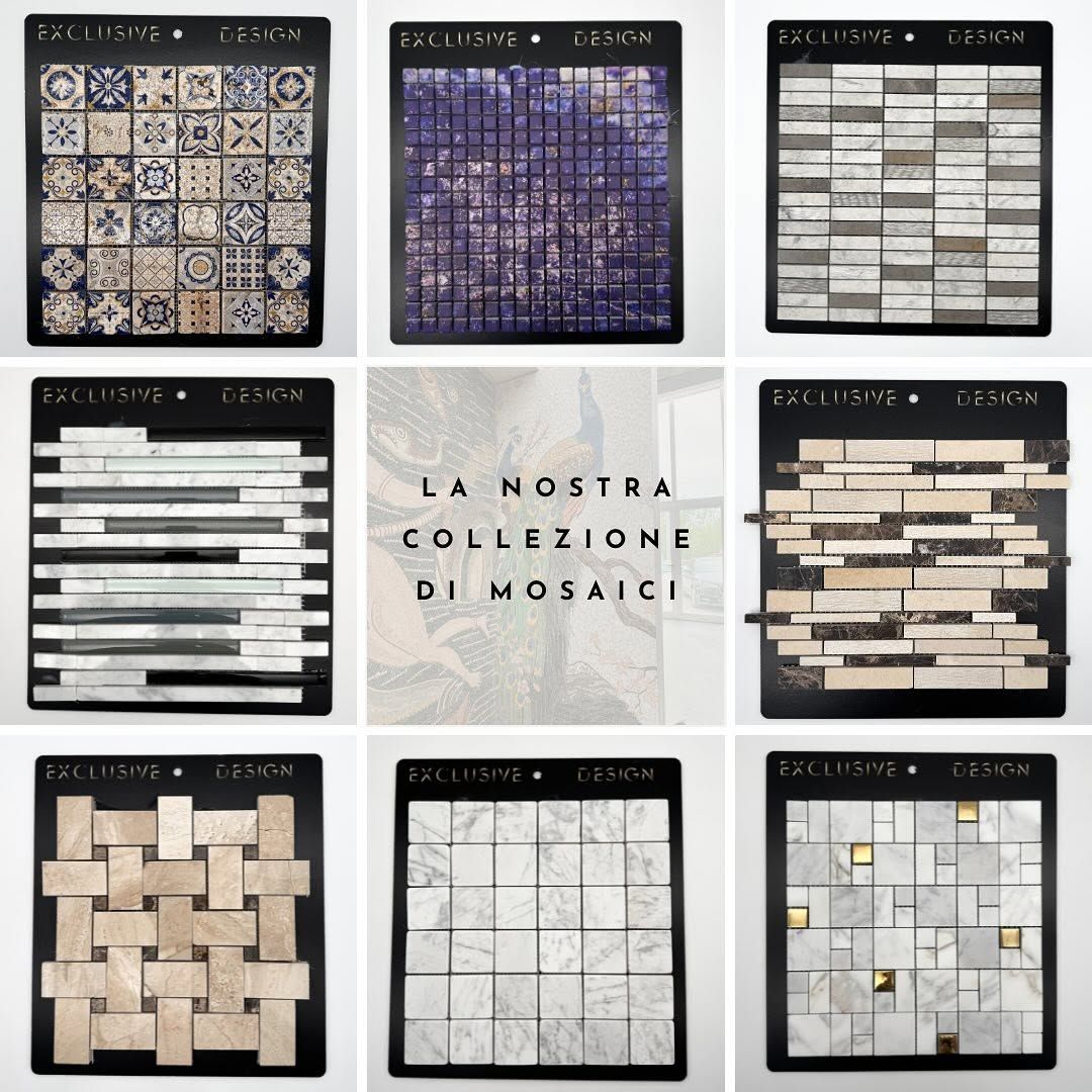 Nove campioni di piastrelle a mosaico disposti in una griglia 3x3, con motivi diversi nei toni del beige, del grigio e del blu.