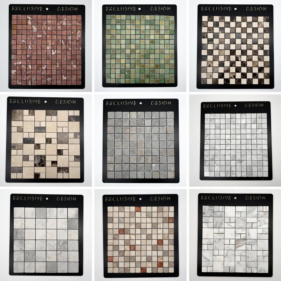Nove campioni di colore affiancati in una griglia 3x3, che spaziano dal rosso e verde a motivi in bianco e nero.